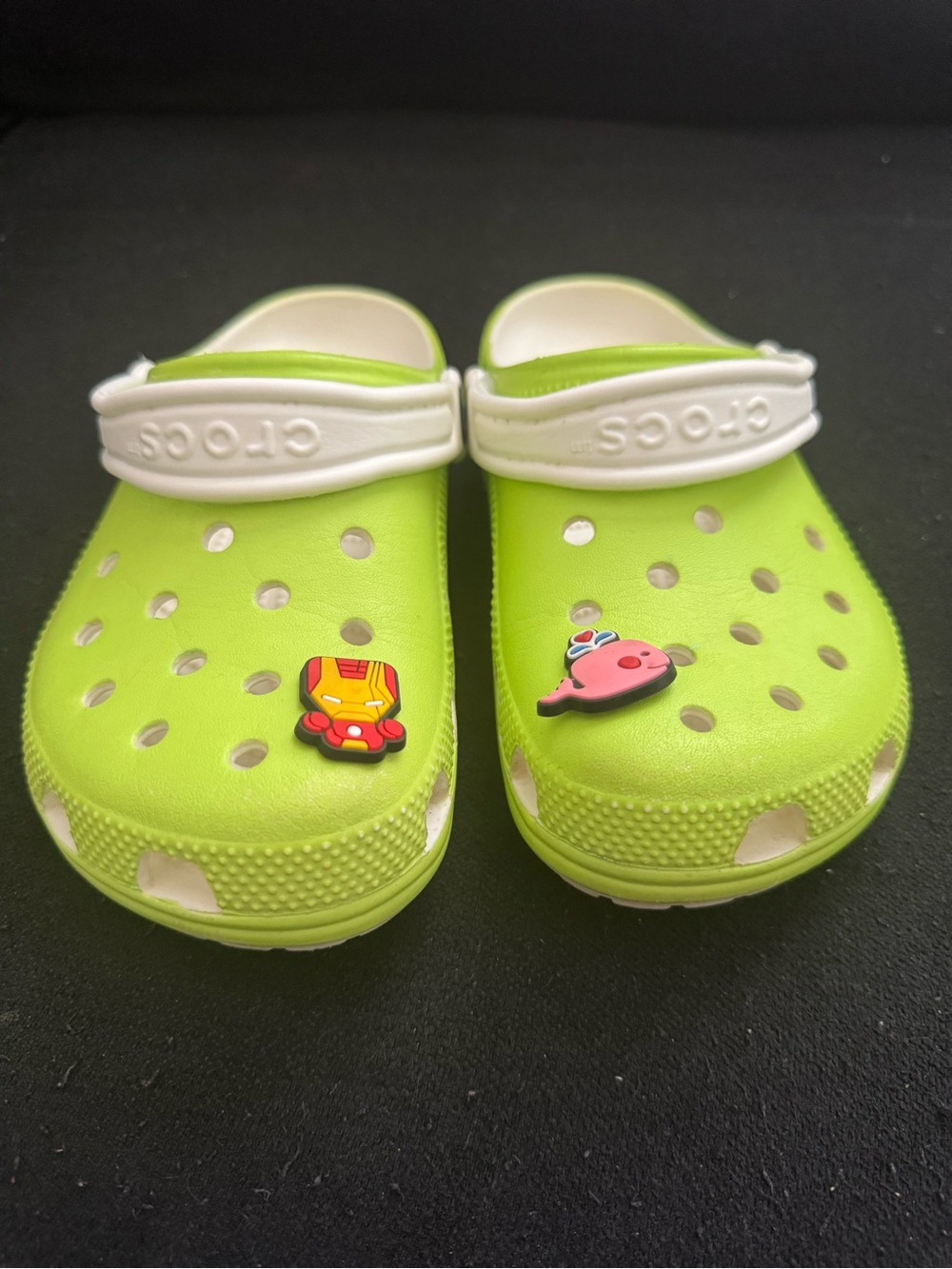 CROCS Kids Lime Green Clogs with White Heel Strap and Character Charms